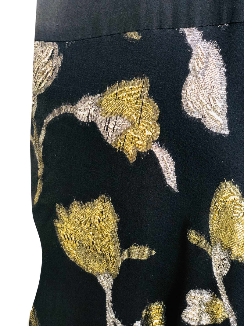 1980's The Silk Farm Black Slip Dress w/Lurex Floral Print Jacquard Skirt